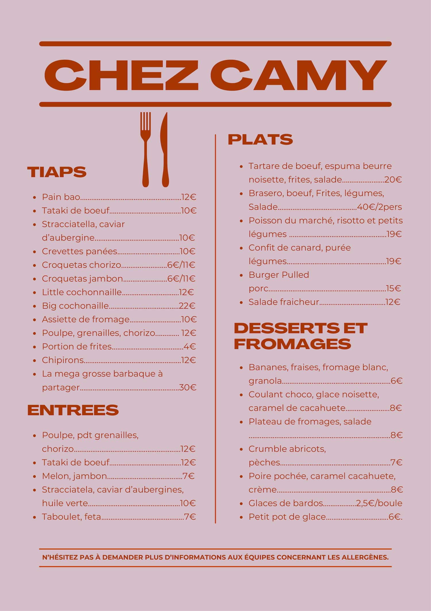 Les menus de Chez Camy à Carresse-Cassaber